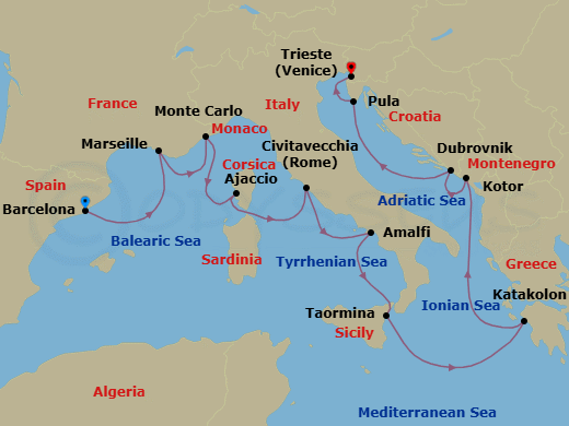 12 Night - Southern Europe Sojourn - Oceania Allura - Starting in Barcelona, Provence (Marseille), Monte Carlo, Ajaccio (Corsica), Rome (Civitavecchia), Amalfi / Positano, Taormina (Sicily), Katakolon, Kotor, Dubrovnik, Croatia, Pula / Rovinj, Trieste itinerary map
