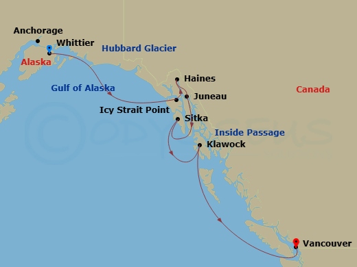 Oceania Riviera - 9 Night - Alaska Glacial Passage - Oceania Riviera - Starting in Anchorage (Whittier), Cruising Hubbard Glacier, Icy Strait Point (Hoonah), Haines, Juneau, Cr.. itinerary map