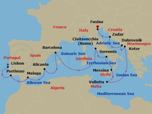 14 Night - Atlantic to Adriatic Sea - Oceania Nautica - Starting in Lisbon, Portimao, Malaga, Alicante, Barcelona, Rome (Civitavecchia), Sorrento / Capri, Messina (Sicily), Valletta, Kotor, Dubrovnik, Croatia, Zadar, Venice (Fusina) itinerary map