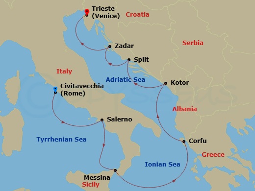 Oceania Allura - 7 Night - Mediterranean Wayfarer - Oceania Allura - Starting in Rome (Civitavecchia), Salerno, Messina (Sicily), Corfu, Kotor, Split, Zadar, Trieste itinerary map