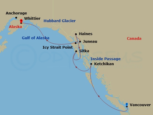 Oceania Riviera - 9 Night - Voyage of the Glaciers - Oceania Riviera - Starting in Vancouver, Cruising the Inside Passage, Ketchikan, Sitka, Haines, Cruising Holkham Bay Glacie.. itinerary map