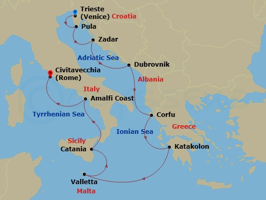 Oceania Allura - 10 Night - Around the Boot - Oceania Allura - Starting in Trieste, Pula / Rovinj, Zadar, Dubrovnik, Croatia, Corfu, Katakolon, Valletta, Catania (Sicily), Ama.. itinerary map