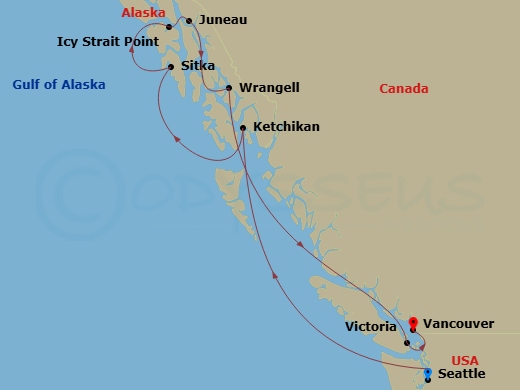 Oceania Riviera - 10 Night - Alaska Discoverer - Oceania Riviera - Starting in Seattle, Ketchikan, Sitka, Icy Strait Point (Hoonah), Juneau, Cruising Holkham Bay Glacier Fjords.. itinerary map