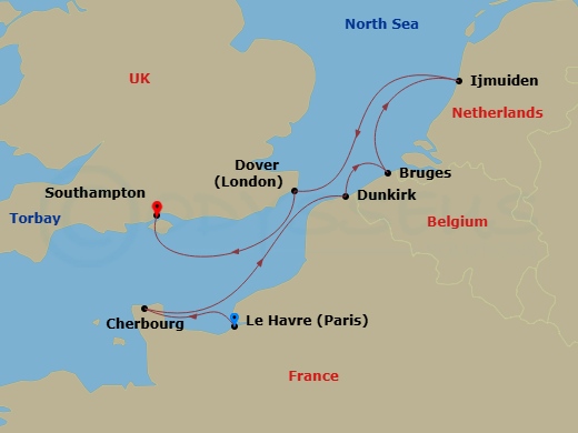 Oceania Marina - 7 Night - English Channel Discovery - Oceania Marina - Starting in Paris (Le Havre), Cherbourg, Dunkirk, Bruges (Zeebrugge), Ijmuiden, London (Dover UK), Torb.. itinerary map
