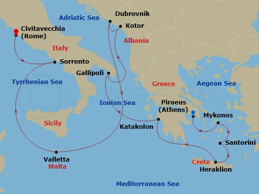 Oceania Nautica - 11 Night - Isles of the Mediterranean - Oceania Nautica - Starting in Athens (Piraeus), Mykonos, Santorini, Heraklion (Crete), Katakolon, Gallipoli, Kotor, Du.. itinerary map