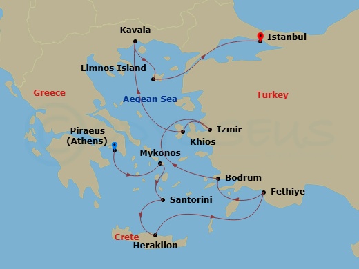 Oceania Allura - 10 Night - Aegean & Turkish Awakening - Oceania Allura - Starting in Athens (Piraeus), Mykonos, Santorini, Heraklion (Crete), Fethiye, Bodrum, Izmir, Chios, K.. itinerary map