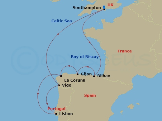 RCL Liberty of the Seas - 9 Night - Spanish Flair & Solar Eclipse - RCL Liberty of the Seas - Starting in Southampton, England, Bilbao, Gijon, Spain, La Coruna, Spain, Lisbon, Portugal.. itinerary map