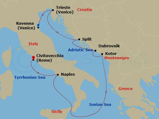 RCL Brilliance of the Seas - 7 Night - Italy, Croatia & the Adriatic - RCL Brilliance of the Seas - Starting in Ravenna, Italy, Trieste, Italy, Split, Croatia, Dubrovnik, Croatia, Sarande.. itinerary map