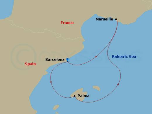 RCL Harmony of the Seas - 3 Night - Spain & France Cruise - RCL Harmony of the Seas - Starting in Barcelona, Spain, Palma De Mallorca, Spain, Provence (Marseille), France, Barcelona, S.. itinerary map