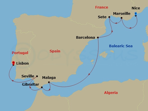 Silver Shadow - 10 Night - Nice to Lisbon - Silver Shadow - Starting in Nice, Marseille, Sete, Barcelona, Malaga (Costa del Sol), Gibraltar, Sevilla, Lisbon itinerary map