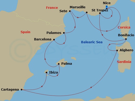 Silver Shadow - 12 Night - Nice to Nice - Silver Shadow - Starting in Nice, Saint Tropez, Bonifacio (Corsica), Alghero, Sardinia, Cartagena ES, Spain, Ibiza, Palma De Mallorc.. itinerary map
