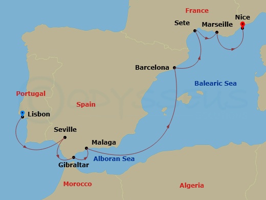 Silver Shadow - 10 Night - Lisbon to Nice - Silver Shadow - Starting in Lisbon, Sevilla, Gibraltar, Malaga (Costa del Sol), Barcelona, Sete, Marseille, Nice itinerary map