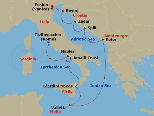 Silver Spirit - 10 Night - Civitavecchia to Fusina - Silver Spirit - Starting in Civitavecchia (Rome), Naples, Amalfi, Giardini Naxos (Sicily), Valletta, Kotor, Split, Zadar,.. itinerary map