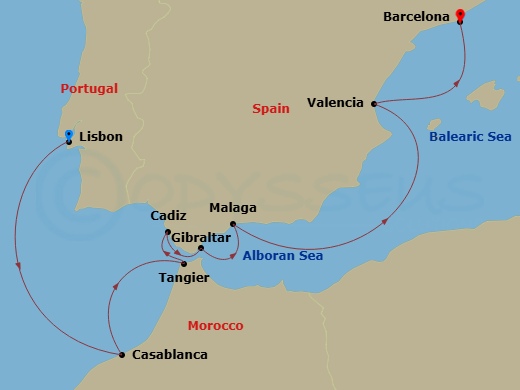 Silver Spirit - 10 Night - Lisbon to Barcelona - Silver Spirit - Starting in Lisbon, Casablanca, Tangier, Cadiz, Gibraltar, Malaga (Costa del Sol), Valencia, Barcelona itinerary map