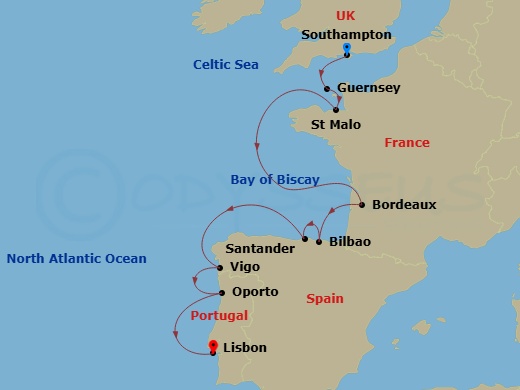 Silver Spirit - 12 Night - Southampton to Lisbon - Silver Spirit - Starting in Southampton, St Peter Port, Saint Malo (Brittany), Bordeaux, Bilbao, Santander, Vigo (Galicia),.. itinerary map