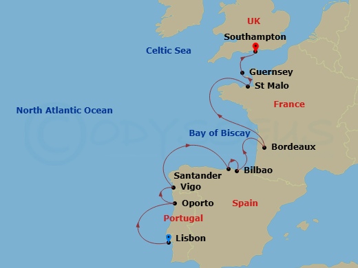 Silver Spirit - 12 Night - Lisbon to Southampton - Silver Spirit - Starting in Lisbon, Oporto (Leixoes), Vigo (Galicia), Santander, Bilbao, Bordeaux, Saint Malo (Brittany), S.. itinerary map