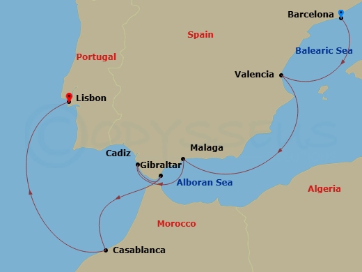 Silver Nova - 9 Night - Barcelona to Lisbon - Silver Nova - Starting in Barcelona, Valencia, Malaga (Costa del Sol), Cadiz, Gibraltar, Casablanca, Lisbon itinerary map