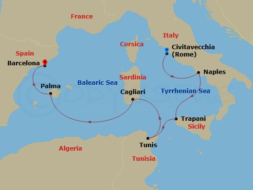 Silver Nova - 7 Night - Civitavecchia to Barcelona - Silver Nova - Starting in Civitavecchia (Rome), Naples, Trapani, Sicily, Tunis (La Goulette), Cagliari (Sardinia), Palm.. itinerary map