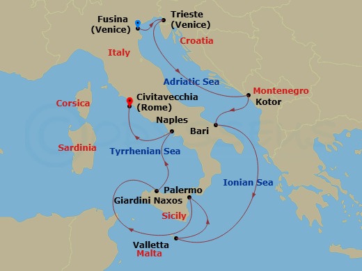 Silver Nova - 10 Night - Fusina to Civitavecchia - Silver Nova - Starting in Fusina (Venice), Trieste, Kotor, Bari, Valletta, Giardini Naxos (Sicily), Palermo, Sicily, Napl.. itinerary map