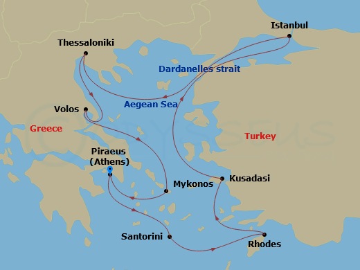Silver Nova - 11 Night - Athens to Athens - Silver Nova - Starting in Athens (Piraeus), Santorini, Rhodes, Kusadasi, Istanbul, Thessaloniki, Volos, Mykonos, Athens (Piraeus) itinerary map