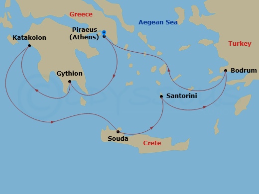 Silver Nova - 7 Night - Athens to Athens - Silver Nova - Starting in Athens (Piraeus), Gythion, Katakolon (Olympia), Souda Bay (Crete), Santorini, Bodrum, Athens (Piraeus) itinerary map