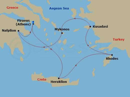 Silver Nova - 7 Night - Athens to Athens - Silver Nova - Starting in Athens (Piraeus), Heraklion, Rhodes, Kusadasi, Mykonos, Nafplion, Athens (Piraeus) itinerary map