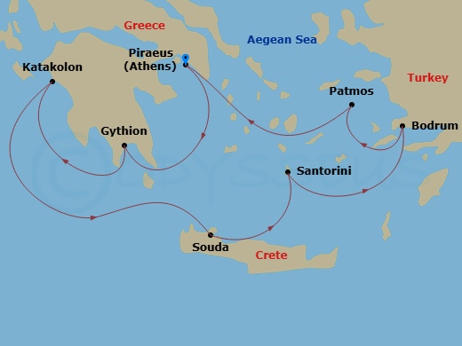 Silver Nova - 7 Night - Athens to Athens - Silver Nova - Starting in Athens (Piraeus), Gythion, Katakolon (Olympia), Souda Bay (Crete), Santorini, Bodrum, Patmos, Athens (P.. itinerary map