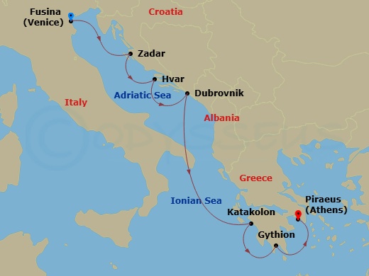 Silver Nova - 7 Night - Fusina to Athens - Silver Nova - Starting in Fusina (Venice), Zadar, Hvar, Dubrovnik, Croatia, Katakolon (Olympia), Gythion, Athens (Piraeus) itinerary map