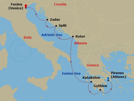 Silver Nova - 7 Night - Athens to Fusina - Silver Nova - Starting in Athens (Piraeus), Gythion, Katakolon (Olympia), Kotor, Split, Zadar, Fusina (Venice) itinerary map