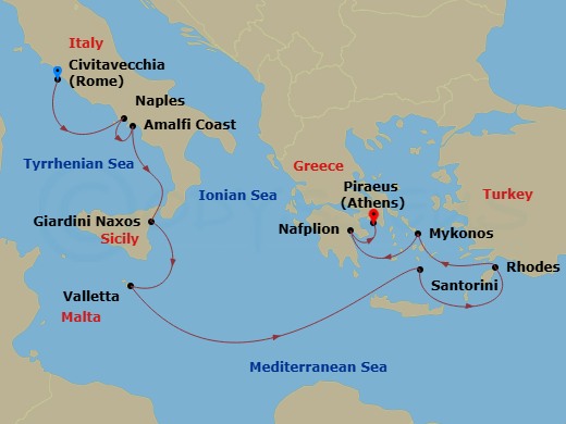 Silver Nova - 11 Night - Civitavecchia to Athens - Silver Nova - Starting in Civitavecchia (Rome), Naples, Amalfi, Giardini Naxos (Sicily), Valletta, Santorini, Rhodes, Myk.. itinerary map