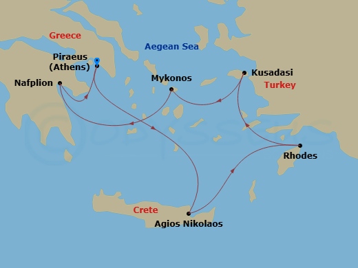 Silver Muse - 7 Night - Athens to Athens - Silver Muse - Starting in Athens (Piraeus), Aghios Nikolaos, Crete, Rhodes, Kusadasi, Mykonos, Nafplion, Athens (Piraeus) itinerary map