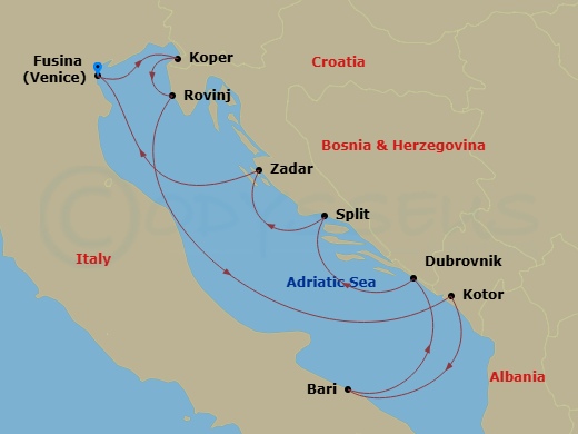 Silver Muse - 9 Night - Fusina to Fusina - Silver Muse - Starting in Fusina (Venice), Koper, Rovinj, Kotor, Bari, Dubrovnik, Croatia, Split, Zadar, Fusina (Venice) itinerary map