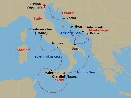 Silver Muse - 10 Night - Civitavecchia to Fusina - Silver Muse - Starting in Civitavecchia (Rome), Naples, Palermo, Sicily, Giardini Naxos (Sicily), Kotor, Bari, Dubrovnik,.. itinerary map