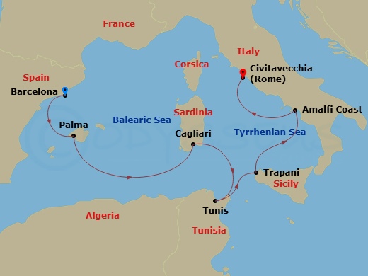 Silver Muse - 7 Night - Barcelona to Civitavecchia - Silver Muse - Starting in Barcelona, Palma De Mallorca, Cagliari (Sardinia), Tunis (La Goulette), Trapani, Sicily, Amal.. itinerary map
