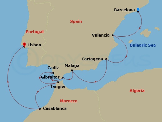 Silver Muse - 10 Night - Barcelona to Lisbon - Silver Muse - Starting in Barcelona, Valencia, Cartagena ES, Spain, Malaga (Costa del Sol), Gibraltar, Cadiz, Tangier, Casabl.. itinerary map