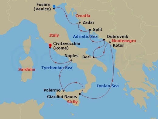 Silver Muse - 10 Night - Fusina to Civitavecchia - Silver Muse - Starting in Fusina (Venice), Zadar, Split, Dubrovnik, Croatia, Bari, Kotor, Giardini Naxos (Sicily), Palerm.. itinerary map