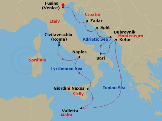 Silver Muse - 10 Night - Civitavecchia to Fusina - Silver Muse - Starting in Civitavecchia (Rome), Naples, Giardini Naxos (Sicily), Valletta, Kotor, Bari, Dubrovnik, Croati.. itinerary map