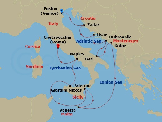 Silver Muse - 11 Night - Fusina to Civitavecchia - Silver Muse - Starting in Fusina (Venice), Zadar, Hvar, Dubrovnik, Croatia, Bari, Kotor, Valletta, Giardini Naxos (Sicily.. itinerary map