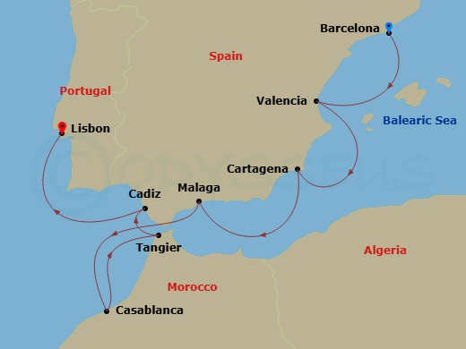 Silver Ray - 10 Night - Barcelona to Lisbon - Silver Ray - Starting in Barcelona, Valencia, Cartagena ES, Spain, Malaga (Costa del Sol), Casablanca, Tangier, Cadiz, Lisbon itinerary map