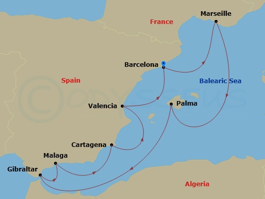 Silver Ray - 10 Night - Barcelona to Barcelona - Silver Ray - Starting in Barcelona, Marseille, Palma De Mallorca, Gibraltar, Malaga (Costa del Sol), Cartagena ES, Spain,.. itinerary map