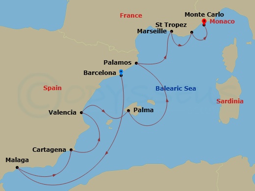 Silver Ray - 10 Night - Barcelona to Monte Carlo - Silver Ray - Starting in Barcelona, Malaga (Costa del Sol), Cartagena ES, Spain, Valencia, Palma De Mallorca, Palamos, M.. itinerary map