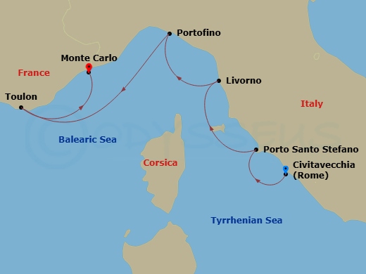 Silver Ray - 6 Night - Civitavecchia to Monte Carlo - Silver Ray - Starting in Civitavecchia (Rome), Porto Santo Stefano, Livorno (Tuscany), Portofino, Toulon, Monte Carlo itinerary map