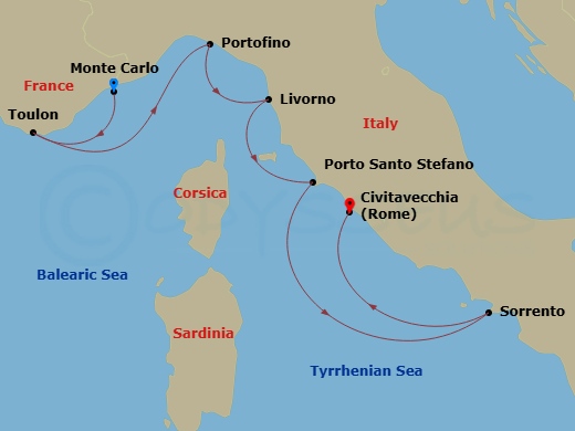 Silver Ray - 7 Night - Monte Carlo to Civitavecchia - Silver Ray - Starting in Monte Carlo, Toulon, Portofino, Livorno (Tuscany), Porto Santo Stefano, Sorrento, Civitavecc.. itinerary map