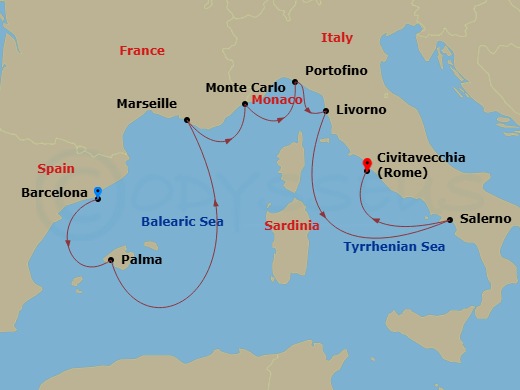 Silver Ray - 10 Night - Barcelona to Civitavecchia - Silver Ray - Starting in Barcelona, Palma De Mallorca, Marseille, Monte Carlo, Portofino, Livorno (Tuscany), Salerno,.. itinerary map