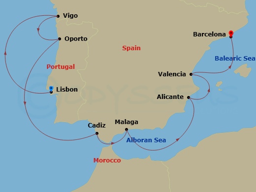 Silver Ray - 11 Night - Lisbon to Barcelona - Silver Ray - Starting in Lisbon, Vigo (Galicia), Oporto (Leixoes), Cadiz, Malaga (Costa del Sol), Alicante, Valencia, Barcelona itinerary map