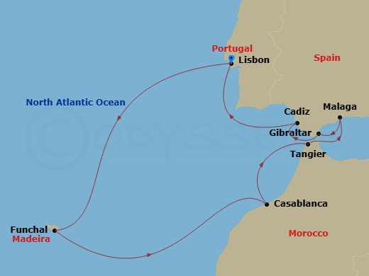 Silver Ray - 12 Night - Lisbon to Lisbon - Silver Ray - Starting in Lisbon, Funchal, Madeira, Casablanca, Tangier, Malaga (Costa del Sol), Gibraltar, Cadiz, Lisbon itinerary map