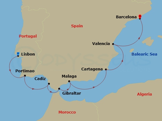 Silver Dawn - 7 Night - Lisbon to Barcelona - Silver Dawn - Starting in Lisbon, Portimao, Cadiz, Gibraltar, Malaga (Costa del Sol), Cartagena ES, Spain, Valencia, Barcelona itinerary map
