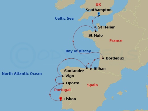 Silver Dawn - 12 Night - Southampton to Lisbon - Silver Dawn - Starting in Southampton, St Helier, Saint Malo (Brittany), Bordeaux, Bilbao, Santander, Vigo (Galicia), Oport.. itinerary map