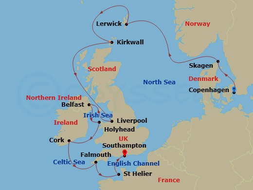 Silver Dawn - 12 Night - Copenhagen to Southampton - Silver Dawn - Starting in Copenhagen, Skagen, Lerwick, Shetland Islands, Scotland, Kirkwall, Orkney Islands, Scotland,.. itinerary map