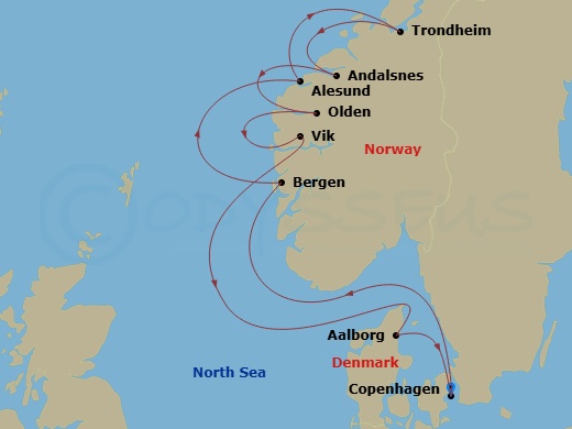 Silver Dawn - 10 Night - Copenhagen to Copenhagen - Silver Dawn - Starting in Copenhagen, Bergen, Alesund, Trondheim (Trondelag), Andalsnes, Olden, Vik, Aalborg, Copenhagen itinerary map
